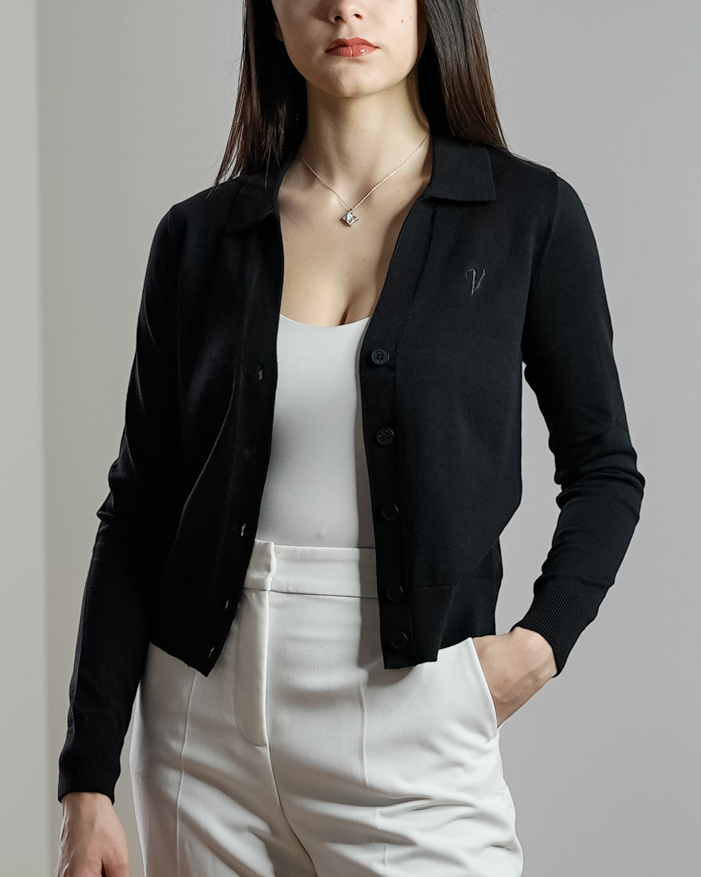 Polo Collar Cardigan - Vallucci Women - Black