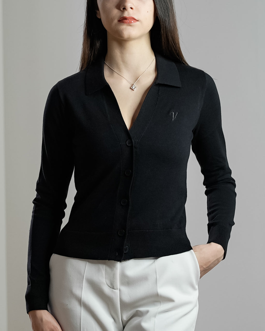 Polo Collar Cardigan - Vallucci Women - Black