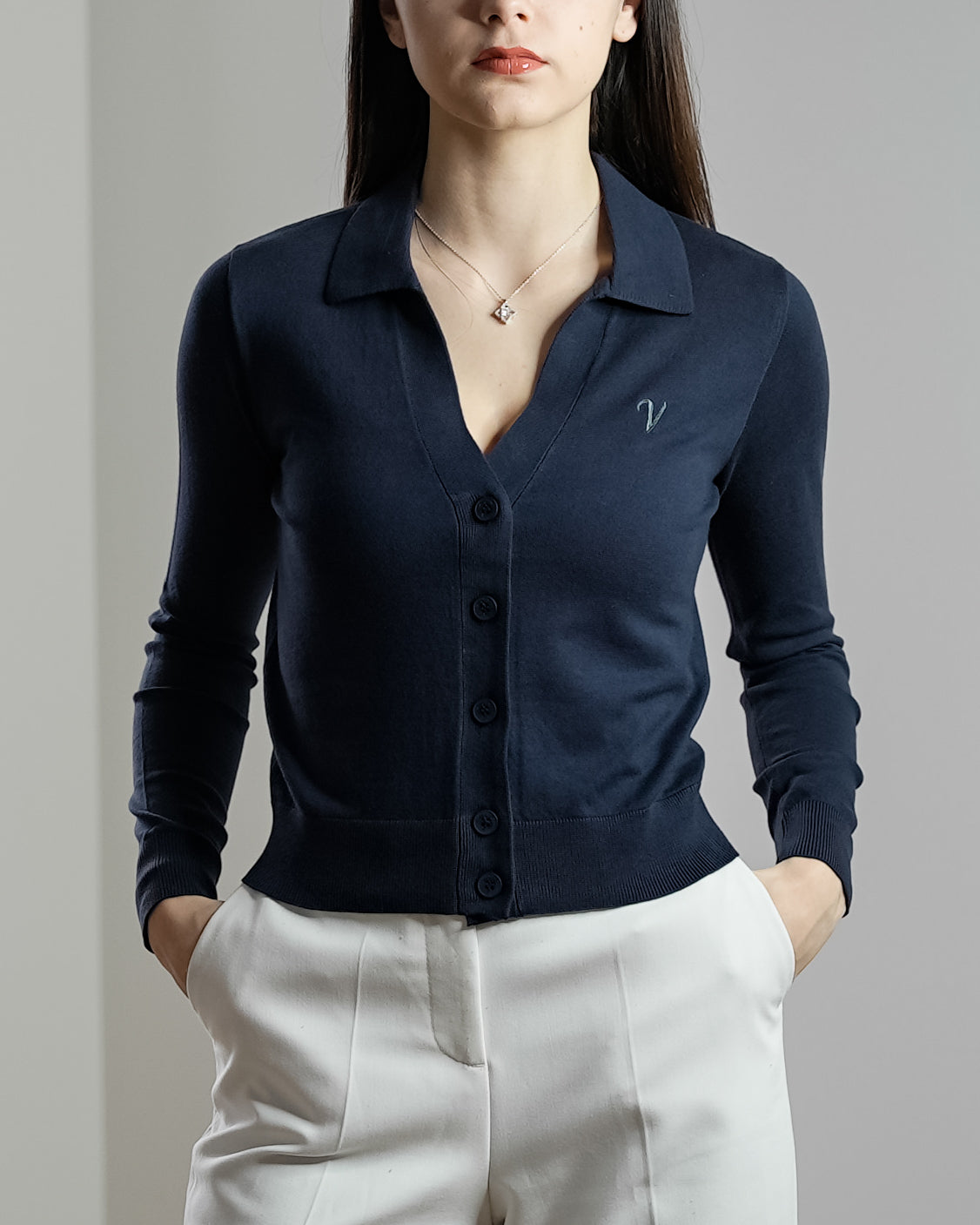 Cardigan Col Polo - femme Vallucci - Bleu marine
