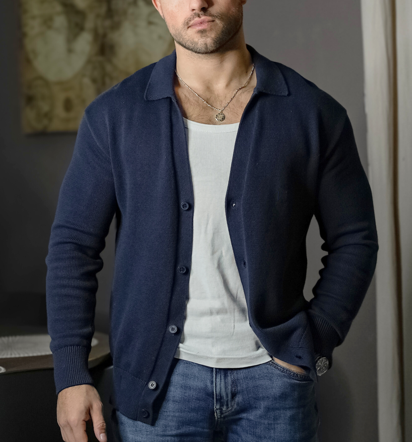 Cardigan Col Polo - Vallucci - Bleu marine