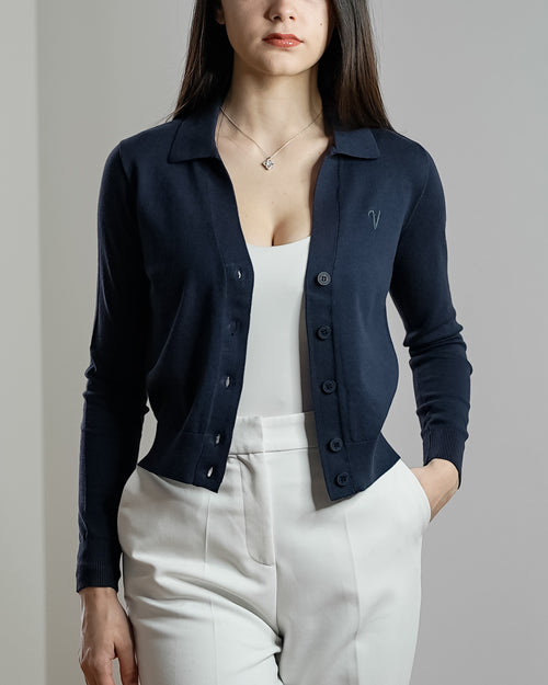 Cardigan Col Polo - femme Vallucci - Bleu marine